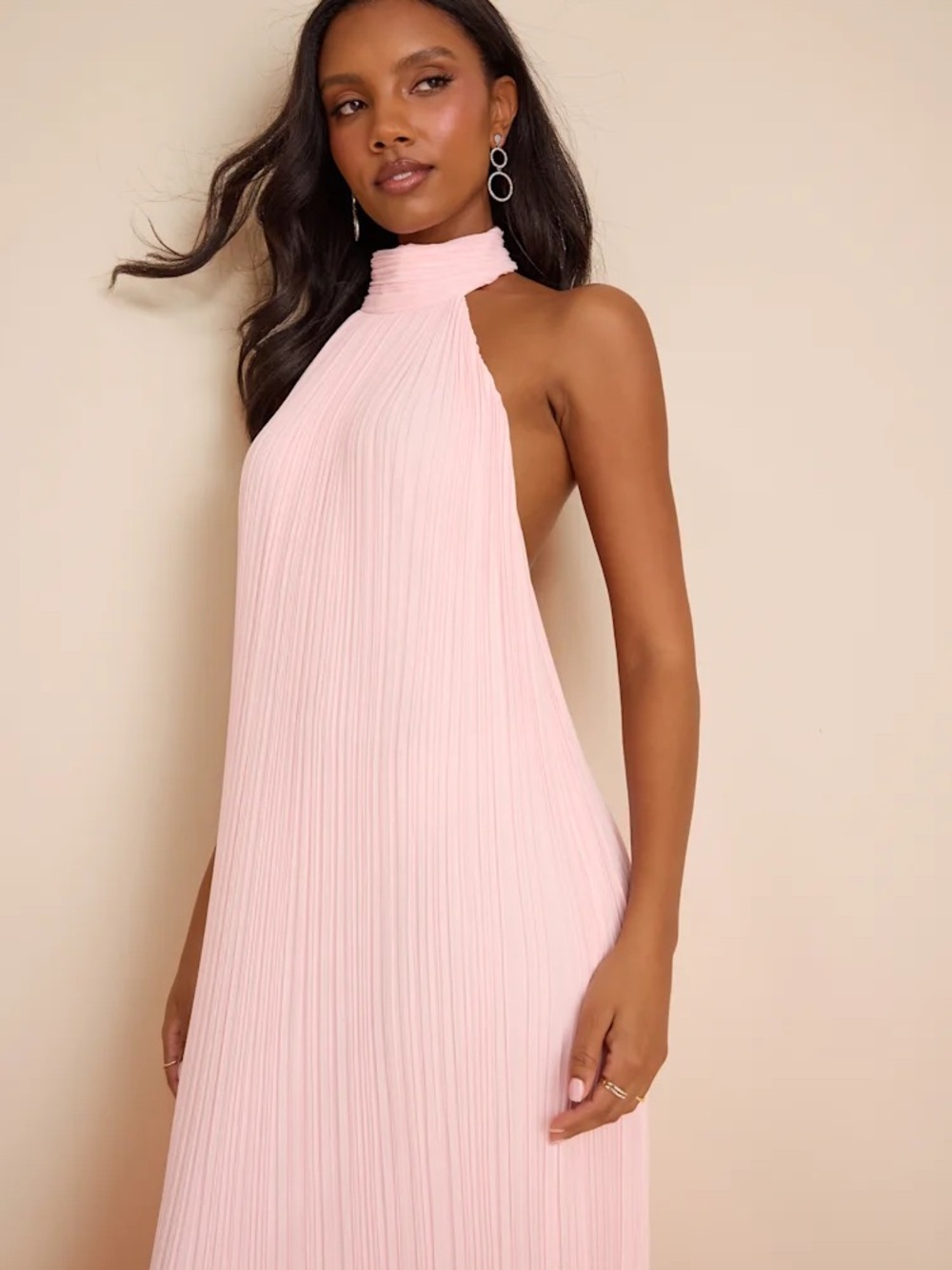 Lulu's Blush Pink Pleated Backless Halter Maxi Dress